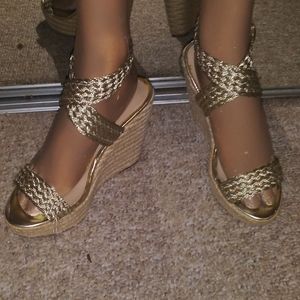 Just Fab Gold Strap Wedge Sandals Size 8